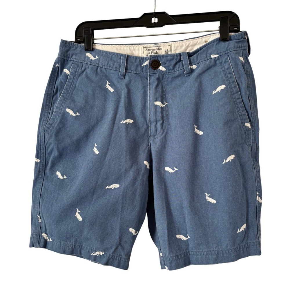 Abercrombie & Fitch Mens Blue Whale Print Chino Shorts Size 32 Preppy Summer